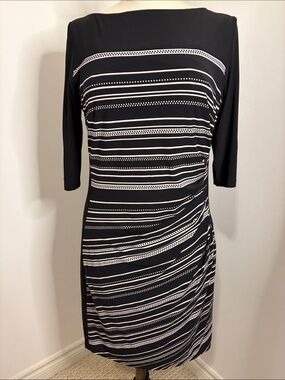 CHAPS Black White Graphic Stripe Ruched Side Midi Dress SIZE LARGE